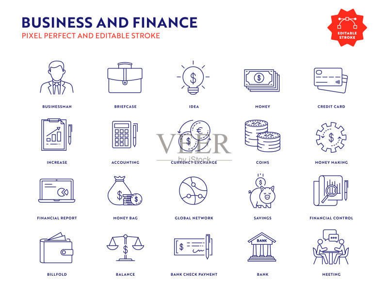 可编辑描边的商务金融图标集图标素材