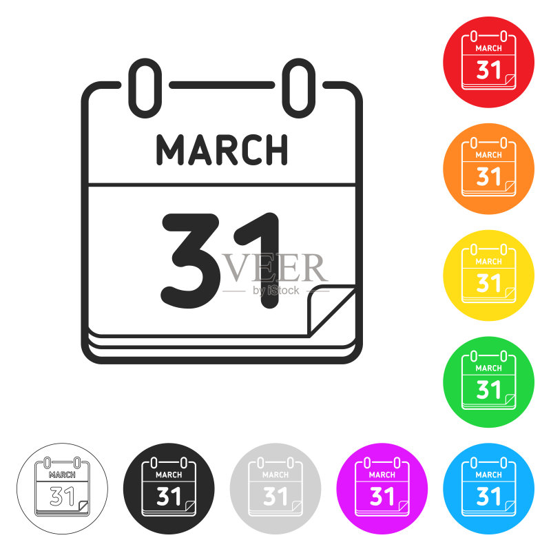 3月31日。不同颜色按钮上的扁平图标图标素材