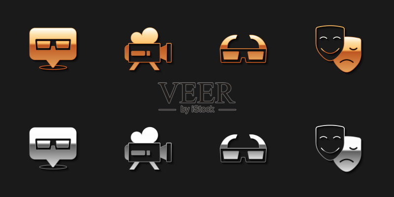 3D影院眼镜复古相机和喜剧图标素材