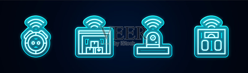 线条机器人:真空吸尘器智能仓库图标素材
