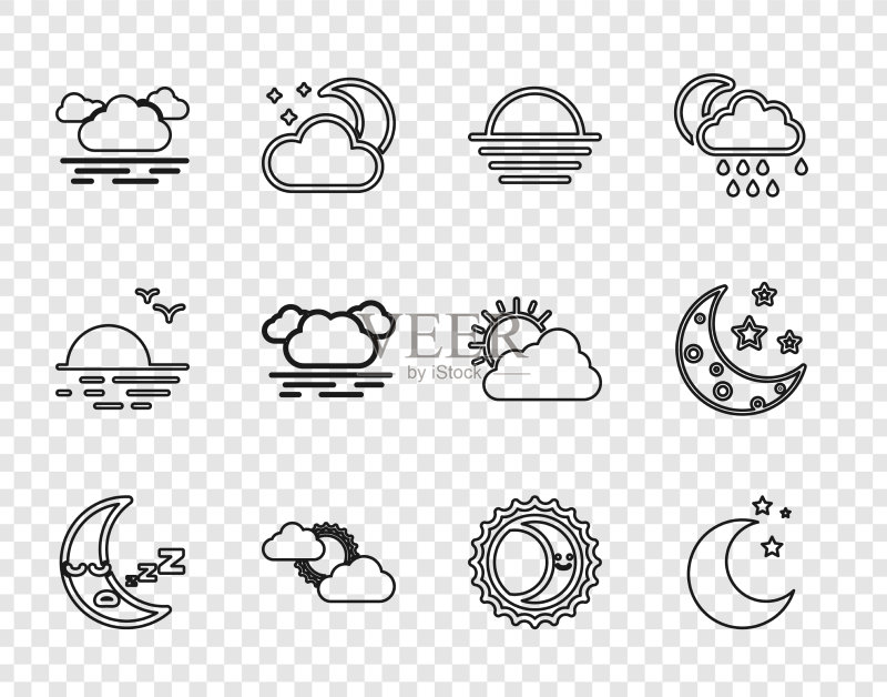 月亮星星日落云朵线条组合图标素材