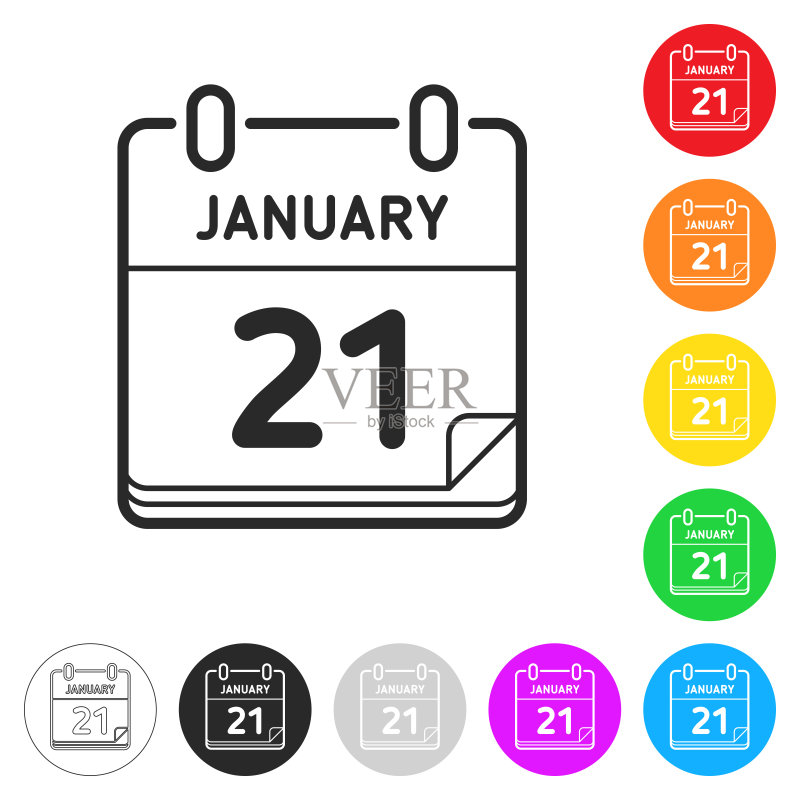 1月21日。不同颜色按钮上的扁平图标图标素材
