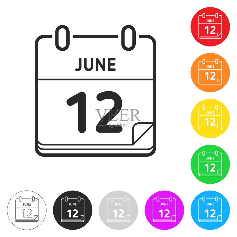 6月12日。不同颜色的按钮上的扁平图标图标素材