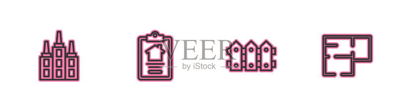 摩天大楼花园围栏木屋线条组合图标素材