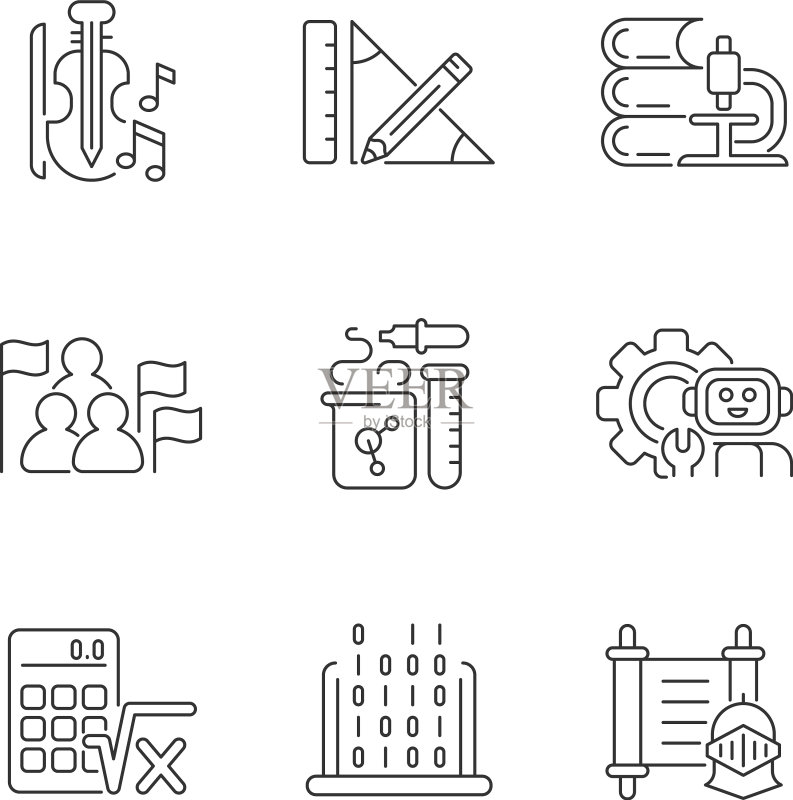 不同类型的学校科目线性图标图标素材