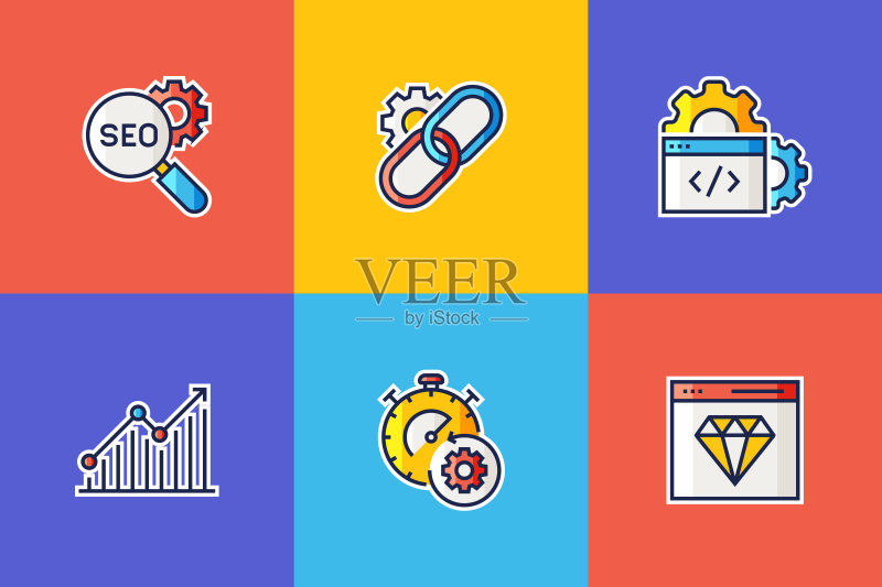 SEO相关扁平化线条图标:矢量符号插画图标素材