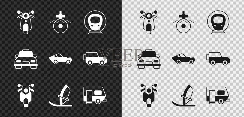 滑板车、潜水艇、火车和铁路合集图标素材