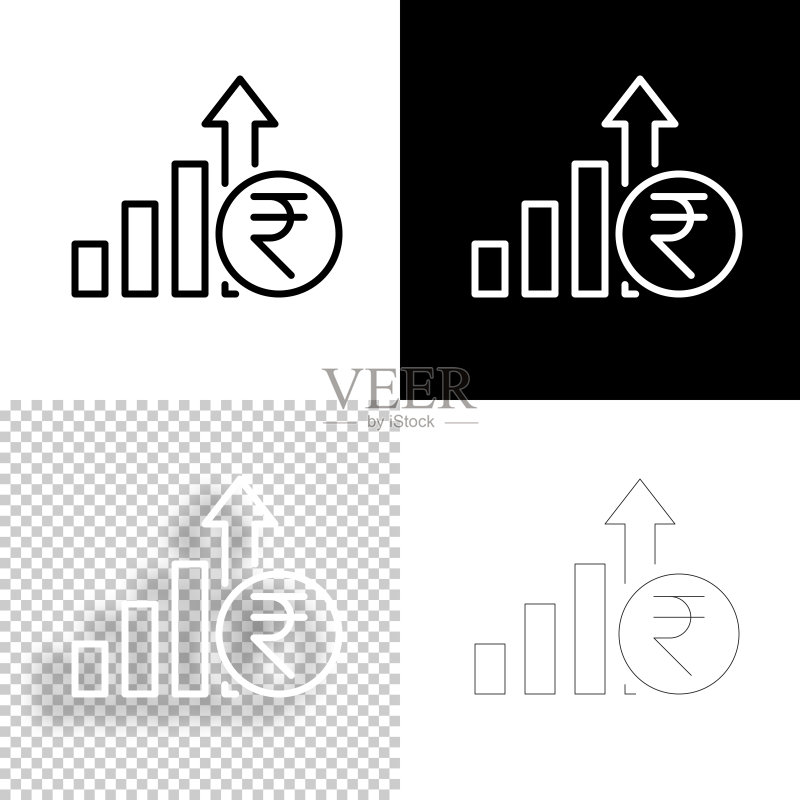 印度卢比汇率上涨图标,带线条,适用于各种背景颜色图标素材