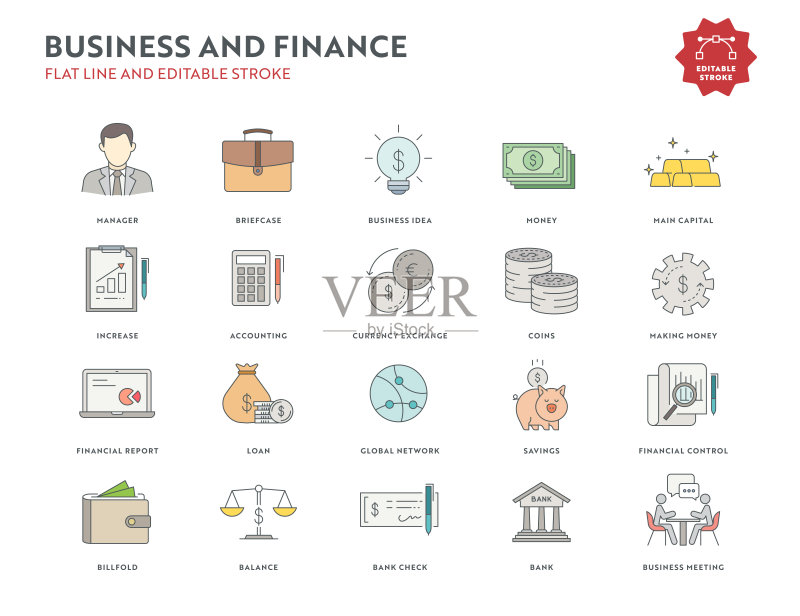 具有可编辑笔触的商业和金融扁平线条图标集图标素材