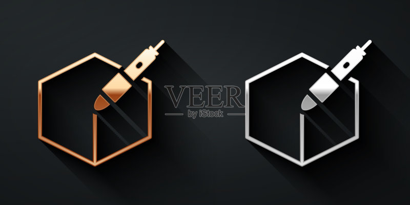 黑色背景上的金色和银色3D笔工具图标图标素材