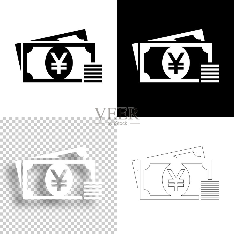 日元现金图标设计,黑白线稿背景图标素材