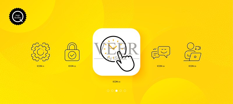 快乐表情、安全锁和视频会议极简线条图标,适用于Web应用程序和印刷图标素材