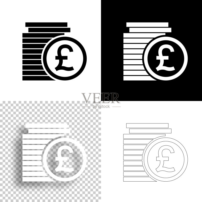 英镑硬币堆叠图标设计,黑白背景线条图标图标素材