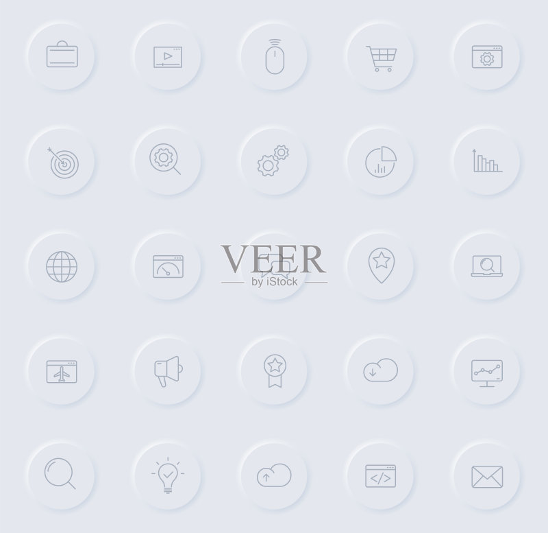 圆形橡胶按钮上的SEO灰色线性图标:网站、APP、UI设计及商业印刷SEO图标集图标素材