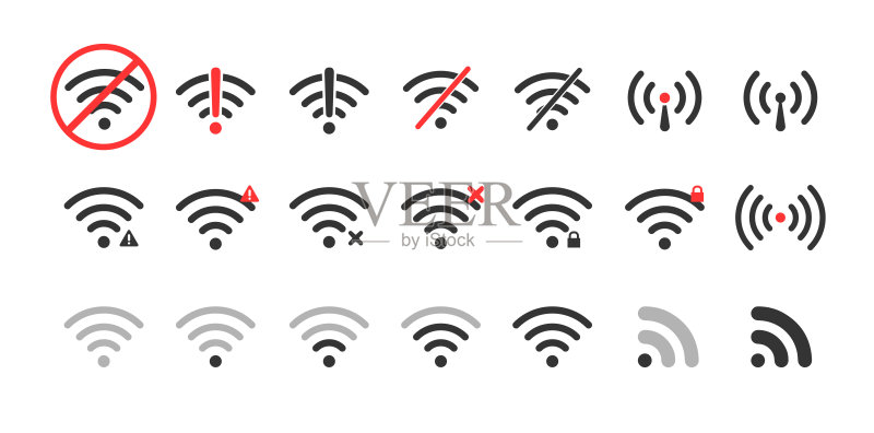 WiFi图标集,扁平风格手机UI元素,矢量插画图标素材