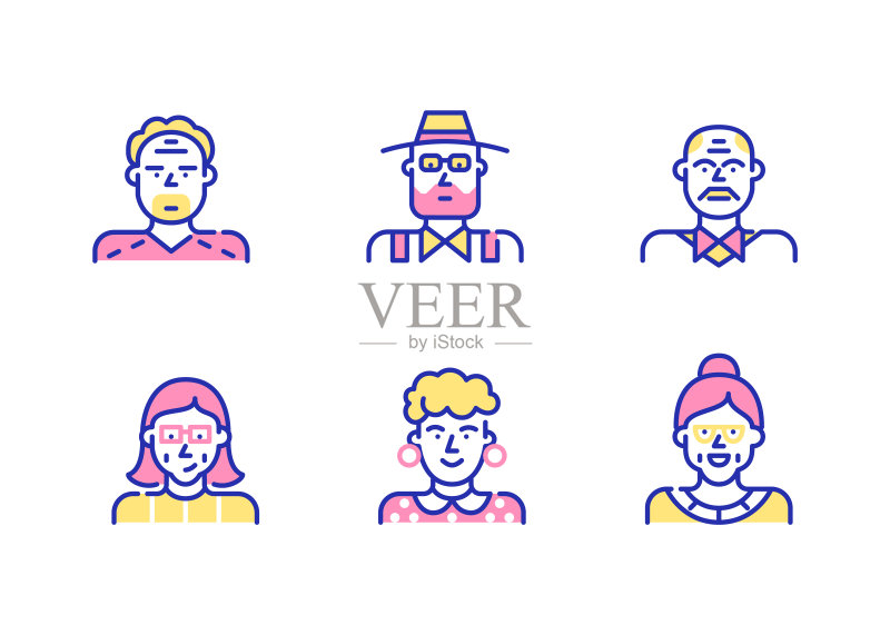 年长的用户图标集,像素完美,可编辑描边趣味彩色图标图标素材