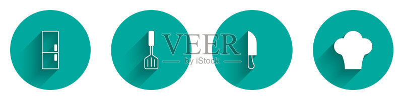 冰箱、刮刀、刀具和厨师帽图标组合图标素材