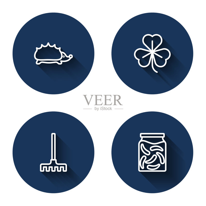 带有刺猬、三叶草、花园耙和腌制品的线条图标素材
