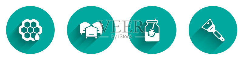 蜂巢、蜂蜜罐和蜜蜂图标素材