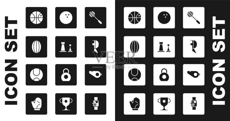 网球拍、象棋、橄榄球和篮球图标素材