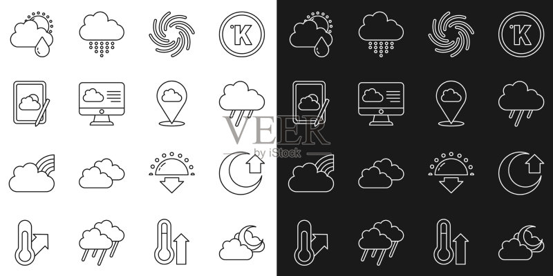 带月亮、雨和龙卷风的云朵线条设计图标素材