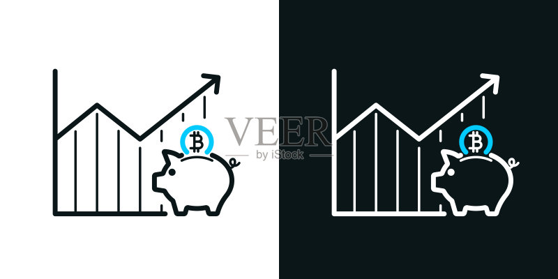 比特币储蓄增加图表,黑色或白色背景上的双色线条图标 - 可编辑描边图标素材