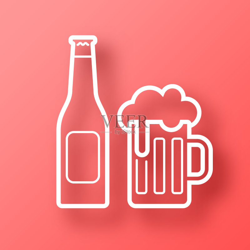 啤酒瓶和啤酒杯,红色背景上的图标图标素材