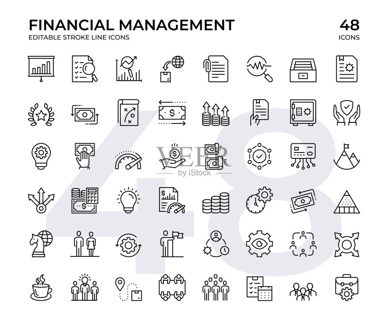财务管理矢量线性图标集:包含演示、分析、现金流、计划、财务报告等图标素材
