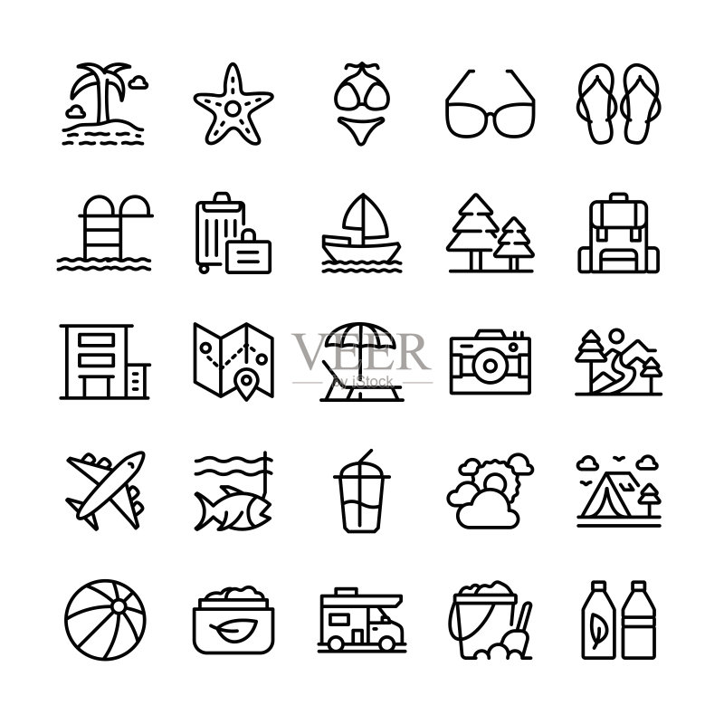夏日海滩矢量插画图标集图标素材