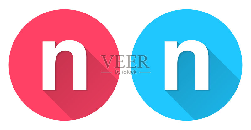字母n圆形图标,红蓝长阴影背景图标素材