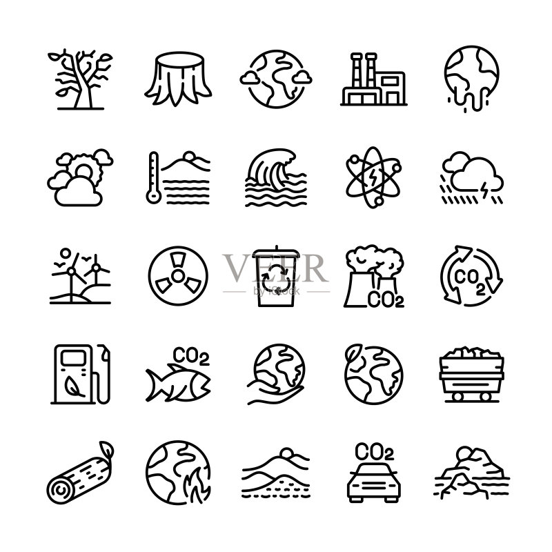 全球变暖矢量插画,可编辑描边,简约图标集图标素材