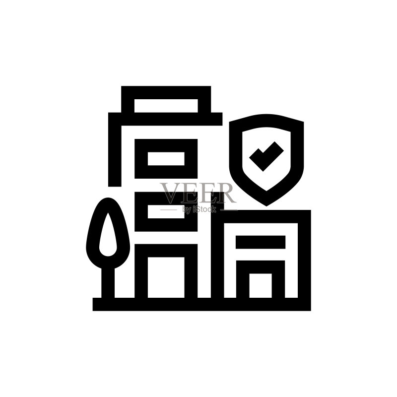 建筑保险线性图标、设计、像素完美、可编辑描边。标志、符号、象征。图标素材