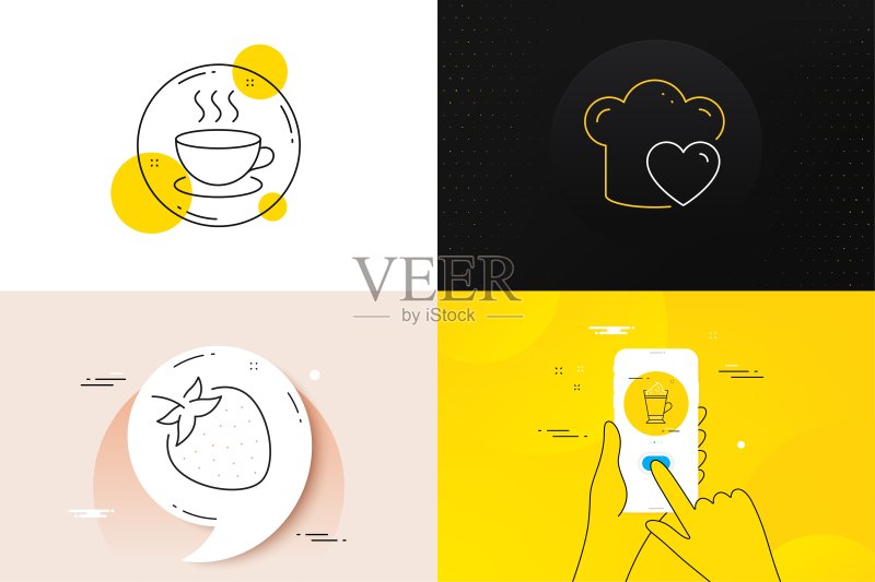 草莓、卡布奇诺和拿铁咖啡极简线条图标集,用于Web开发矢量素材图标素材