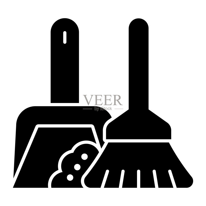 扫帚和簸箕实体图标。清洁工具矢量图,与APP配套的家用字形样式,在白色背景上隔离。EPS 10。图标素材