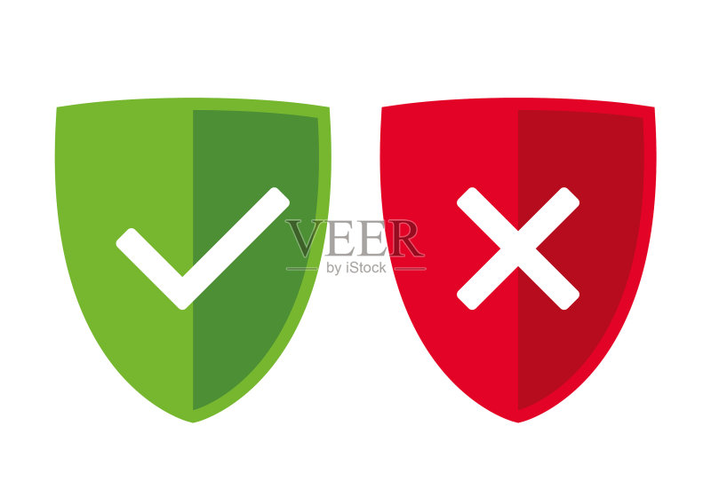 带有OK勾选标记和X的红绿色盾牌图标素材