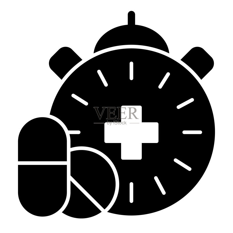 用药时间图标:药丸和时钟矢量图,适用于APP图标素材