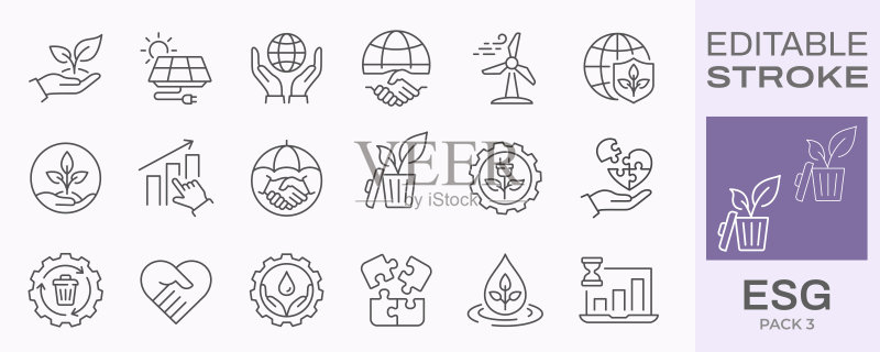 ESG图标,例如环境社会治理、风险管理、财务绩效、投资者需求等。可编辑笔画图标素材