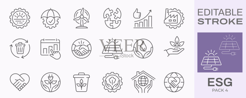 ESG图标:环境、社会责任和公司治理,风险管理,财务绩效,太阳能等,可编辑描边图标素材