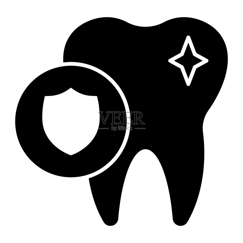 牙齿保护实体图标:健康的牙齿和盾牌,口腔卫生符号,白色背景上的字形样式象形图。牙科标志移动概念网页设计。矢量图形。图标素材