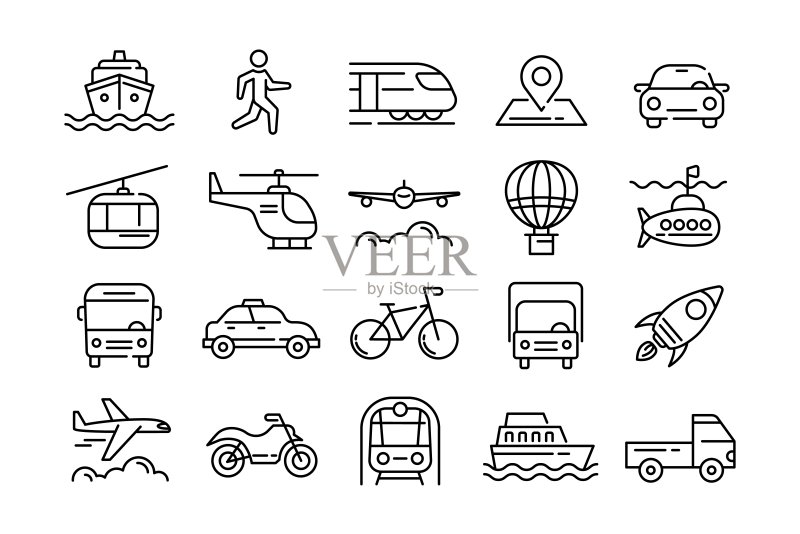 交通线路图标:汽车旅行、车辆类型、出租车和自行车、公共汽车、自行车和火车车厢、汽车卡车或面包车、直升机和摩托车交通矢量轮廓象形图图标素材
