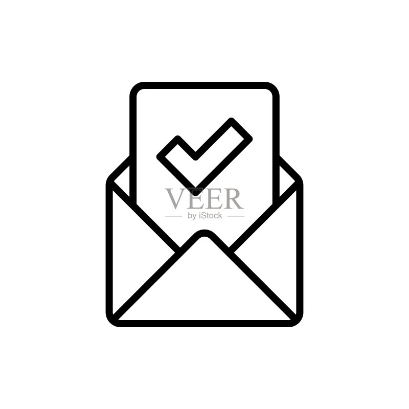 信件已批准细线图标:带复选标记的信封和纸张矢量图图标素材
