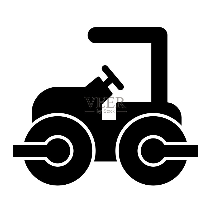 道路摊铺车实体图标:用于铺设沥青的重型压路车,白色背景上的字形样式象形图,施工标志移动概念网页设计矢量图形图标素材