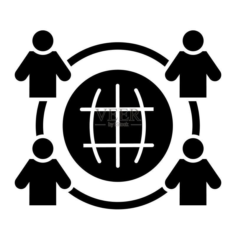 员工外包实体图标。业务外包,地球和四个人物符号,白色背景上的字形样式象形图。用于移动网页设计的团队合作。矢量图形。图标素材