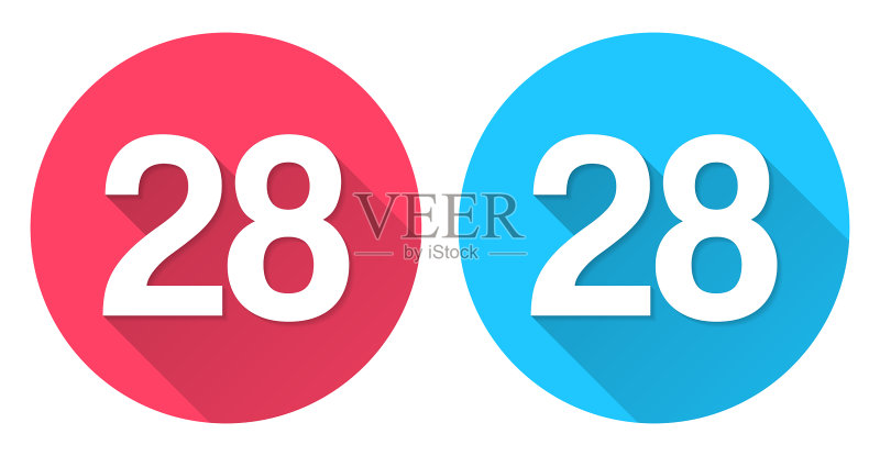 数字28红色或蓝色背景上的圆形长阴影图标图标素材