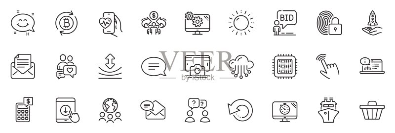 云存储、太阳能和计算器线性图标包:Web应用矢量素材图标素材