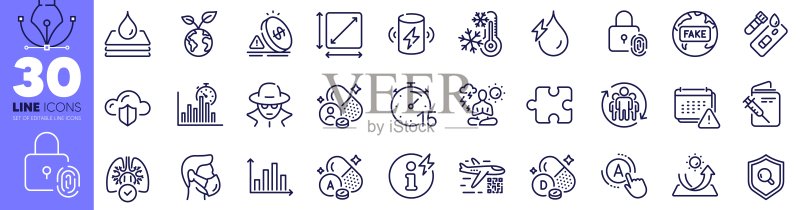指纹锁、水力发电和AB测试线性图标包,用于Web应用程序,矢量图标素材