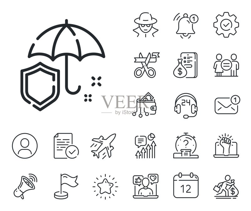 雨伞线性图标。防雨标志。上班族、性别平等和警报铃。矢量图标素材