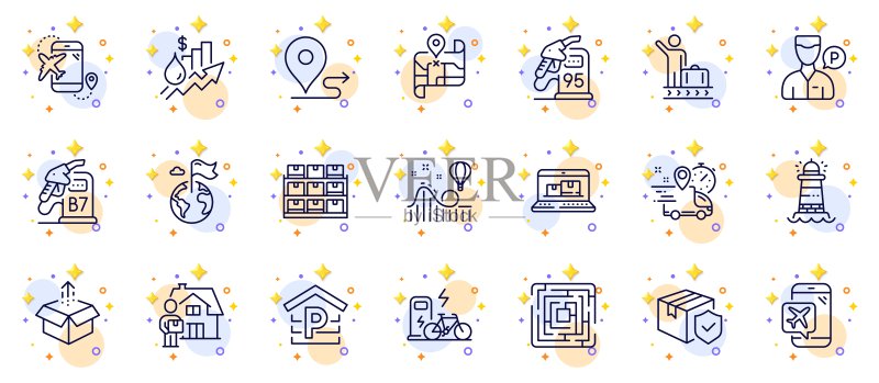 飞行目的地、迷宫和价格上涨线性图标集,适用于Web应用图标素材