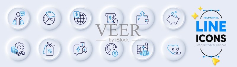 用于Web应用程序的金钱、折扣标签和ATM服务线性图标图标素材