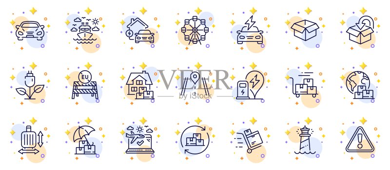 飞机旅行、轮船旅行和送货车Web应用轮廓图标集:象形图,矢量图标素材
